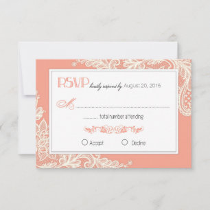 Tarjeta RSVP elegante de coral y encaje blanco