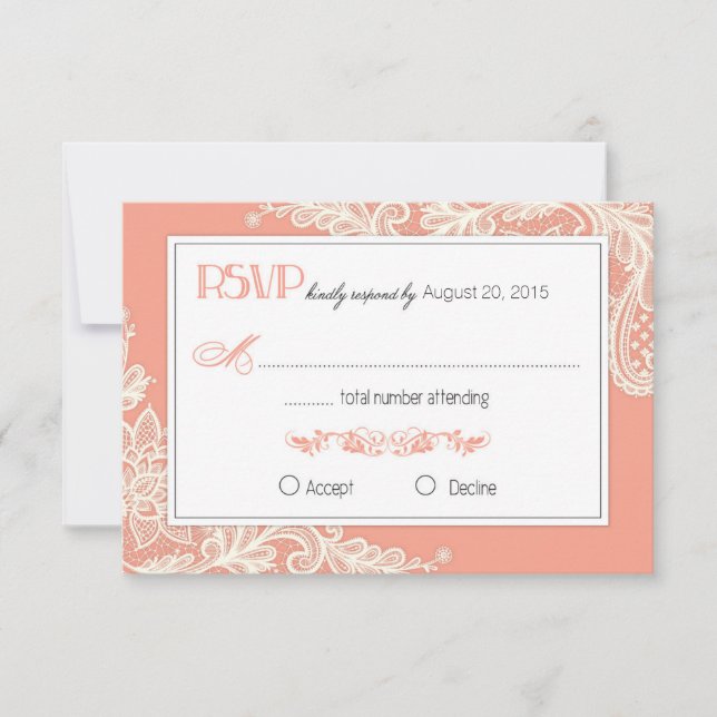 Tarjeta RSVP elegante de coral y encaje blanco (Anverso)