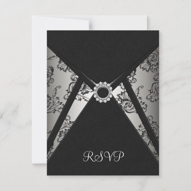 Tarjeta RSVP elegante de Damask negro (Anverso)
