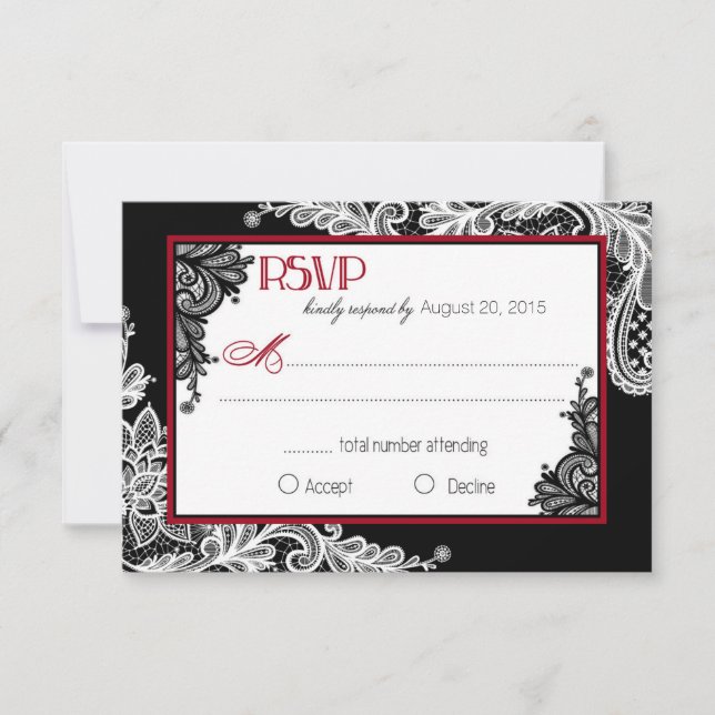 Tarjeta RSVP elegante de encaje blanco y negro (Anverso)