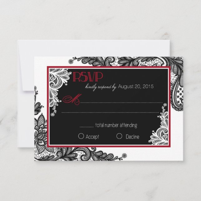 Tarjeta RSVP elegante de encaje blanco y negro (Anverso)
