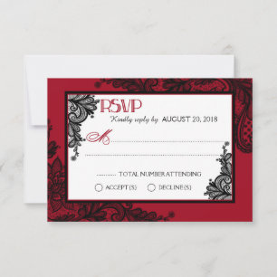 Tarjeta RSVP elegante de encaje rojo blanco y negr