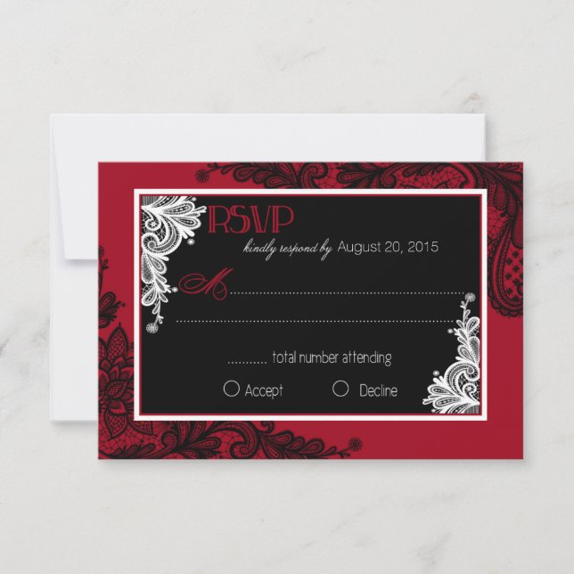Tarjeta RSVP elegante de encaje rojo blanco y negr (Anverso)