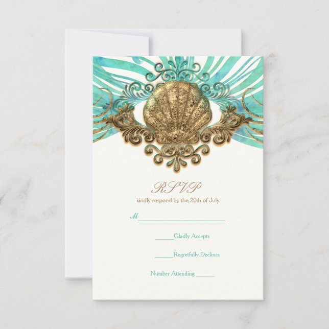 Tarjeta RSVP elegante de Gold & Verde azulado Sea  (Anverso)