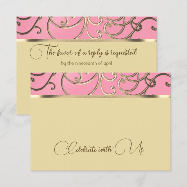Tarjeta RSVP Elegante Filigree rosa y dorado (Anverso / Reverso)