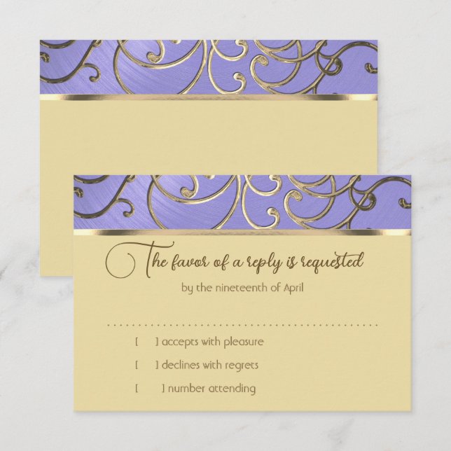 Tarjeta RSVP Elegante Lavander Purple Gold Filigre (Anverso / Reverso)