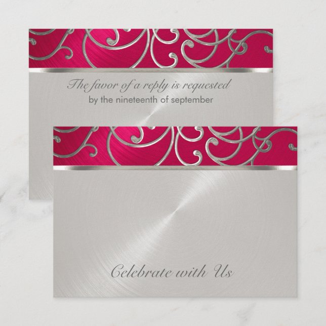 Tarjeta RSVP Elegante Magenta Pink Silver Filigree (Anverso / Reverso)