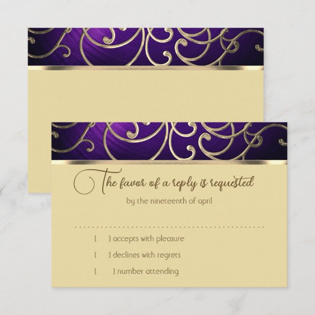 Tarjeta RSVP Elegante Morado y Oro Filigree (Anverso / Reverso)