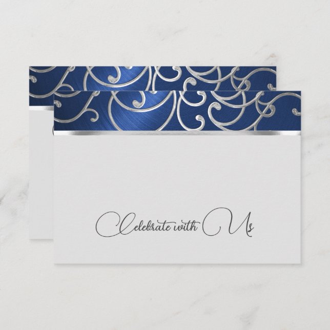 Tarjeta RSVP Elegante Navy Filigree azul y plata (Anverso / Reverso)
