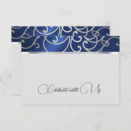 Tarjeta RSVP Elegante Navy Filigree azul y plata
