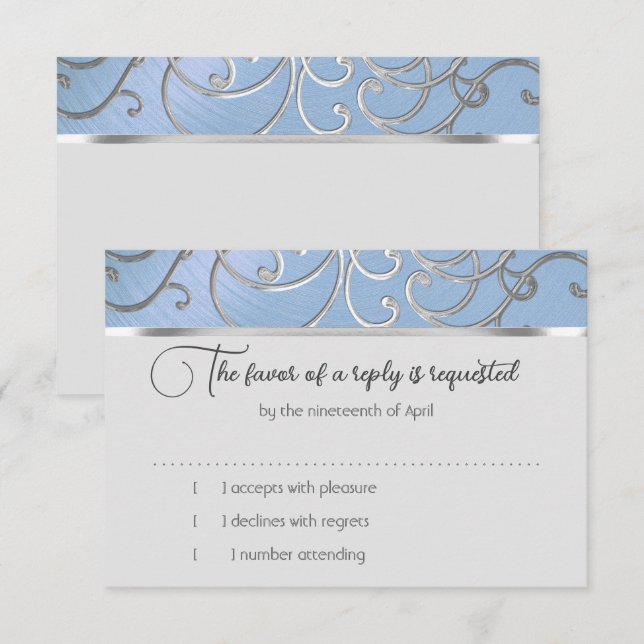 Tarjeta RSVP Elegante Sky Blue y Gold Filigree (Anverso / Reverso)