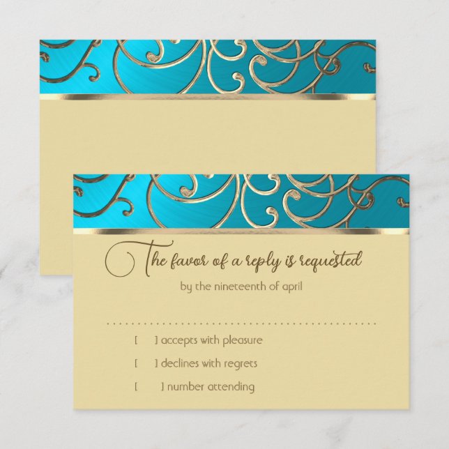 Tarjeta RSVP Elegante Turquoise Blue Gold Filigree (Anverso / Reverso)