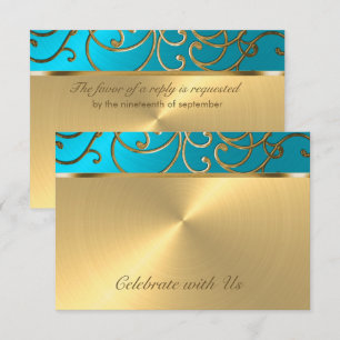 Tarjeta RSVP Elegante Turquoise Blue Gold Filigree