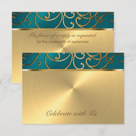 Tarjeta RSVP Elegante Verde azulado azul y oro fil