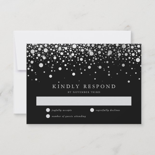 Tarjeta RSVP en blanco y negro de Relieve metaliza (Anverso)