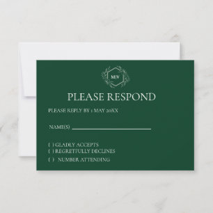 Tarjeta RSVP Escudo de Monograma Verde Esmeralda