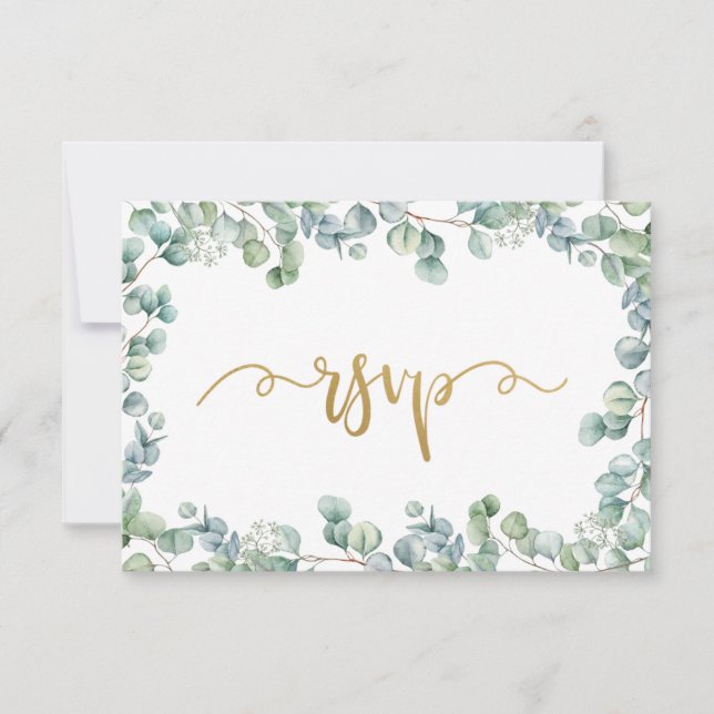 Tarjeta RSVP Eucalyptus Greenery and Gold Wedding (Anverso)