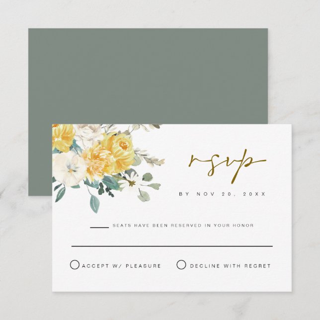 Tarjeta RSVP floral amarilla del jardín de primave (Anverso / Reverso)