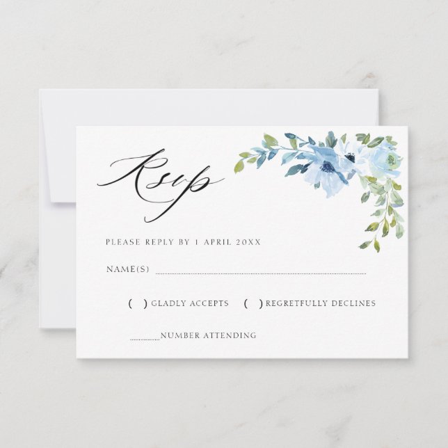 tarjeta RSVP floral azul claro de color agua (Anverso)