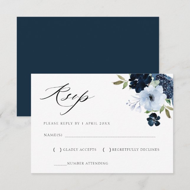 tarjeta RSVP floral azul claro y marina (Anverso / Reverso)