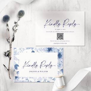 Tarjeta RSVP floral azul minimalista - Código QR