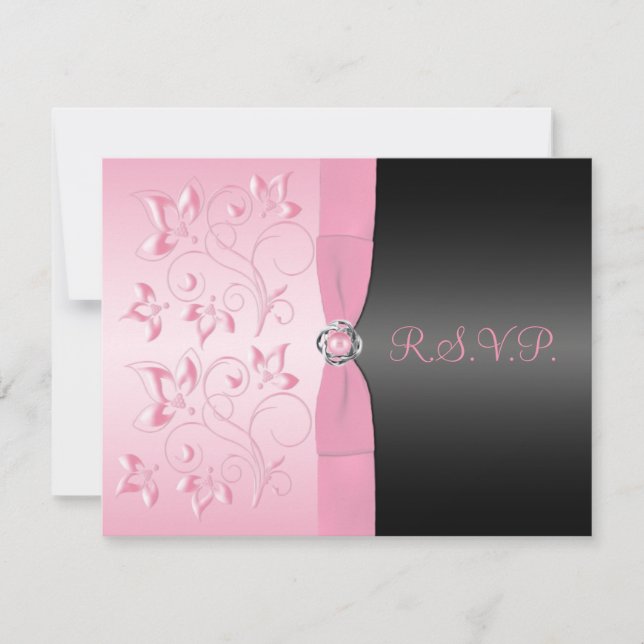 Tarjeta RSVP floral Black and Pink Pearl Loveknot (Anverso)