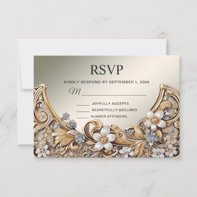 Tarjeta RSVP floral blanca dorada decorativa (Anverso)