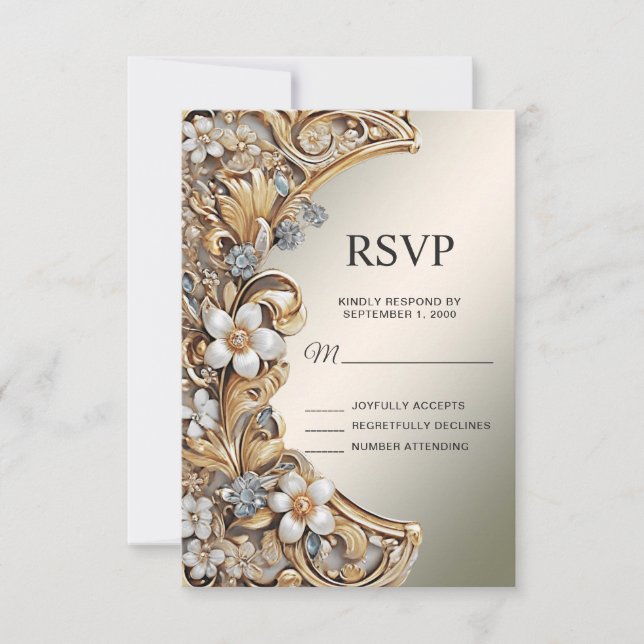 Tarjeta RSVP floral blanca dorada decorativa (Anverso)