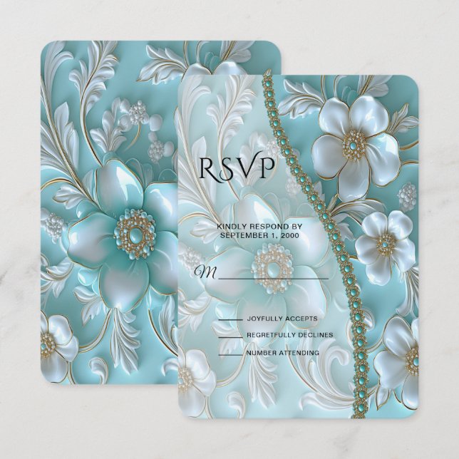 Tarjeta RSVP floral blanca verde azulada (Anverso / Reverso)