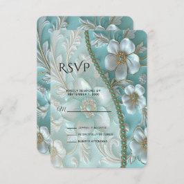 Tarjeta RSVP floral blanca verde azulada