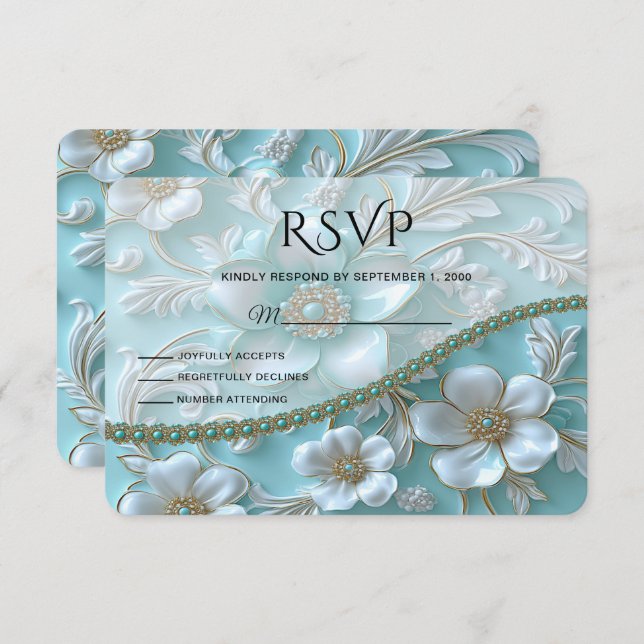Tarjeta RSVP floral blanca verde azulada (Anverso / Reverso)