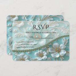 Tarjeta RSVP floral blanca verde azulada