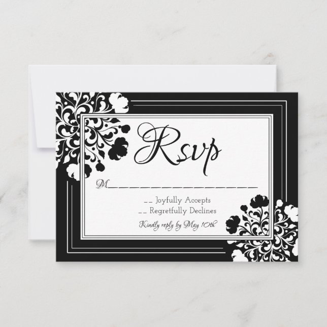 Tarjeta RSVP floral blanca y negra de estilo (Anverso)