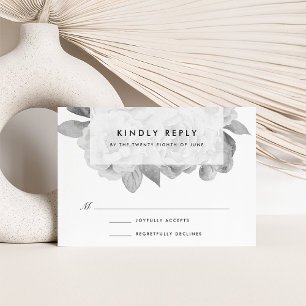 Tarjeta RSVP floral blanca y negra vintage