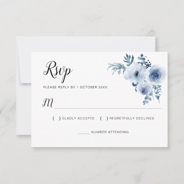 tarjeta RSVP floral boda azul polvoriento (Anverso)