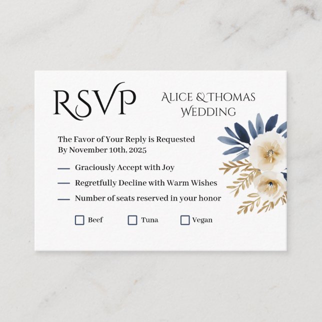 Tarjeta RSVP Floral Boda Elegante Flores Blue Gold (Anverso)