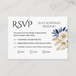 Tarjeta RSVP Floral Boda Elegante Flores Blue Gold