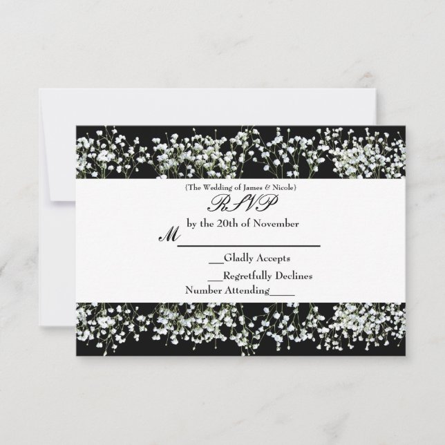 Tarjeta RSVP floral de aliento de bebé en blanco y (Anverso)