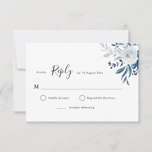 Tarjeta RSVP floral de color azul (Anverso)