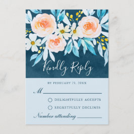 Tarjeta RSVP floral de color azul de la marina mod