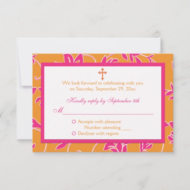 Tarjeta RSVP floral de mandarina rosada cristiana (Anverso)