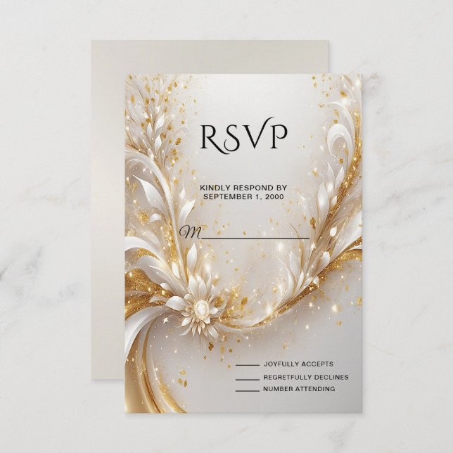 Tarjeta RSVP Floral de oro blanco (Anverso / Reverso)