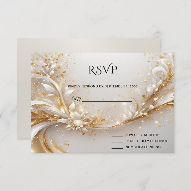 Tarjeta RSVP Floral de oro blanco (Anverso / Reverso)
