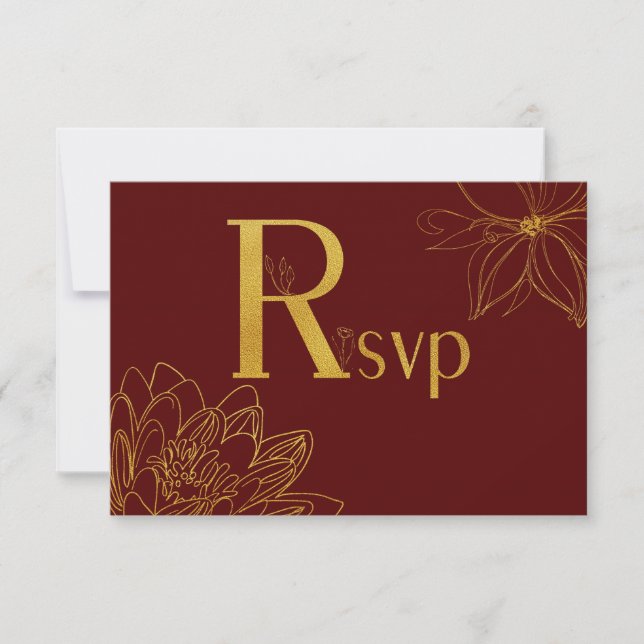 Tarjeta RSVP floral de Purpurina de Borgoña y Oro (Anverso)