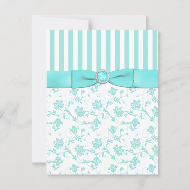 Tarjeta RSVP floral de rayas azules y blancas Aqua (Anverso)