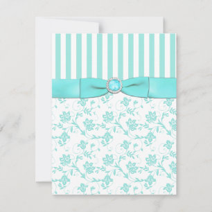 Tarjeta RSVP floral de rayas azules y blancas Aqua