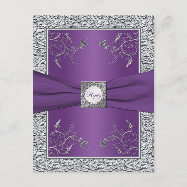 Tarjeta RSVP Floral de Relieve metalizado plateado (Anverso)