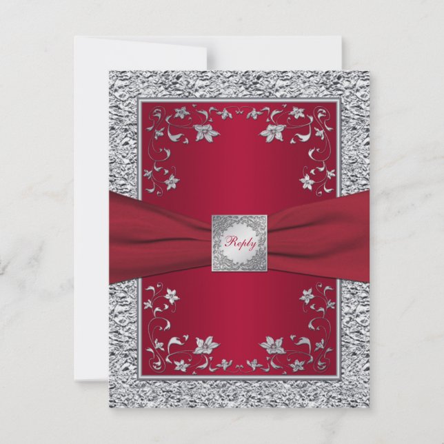 Tarjeta RSVP floral de Relieve metalizado rojo y p (Anverso)