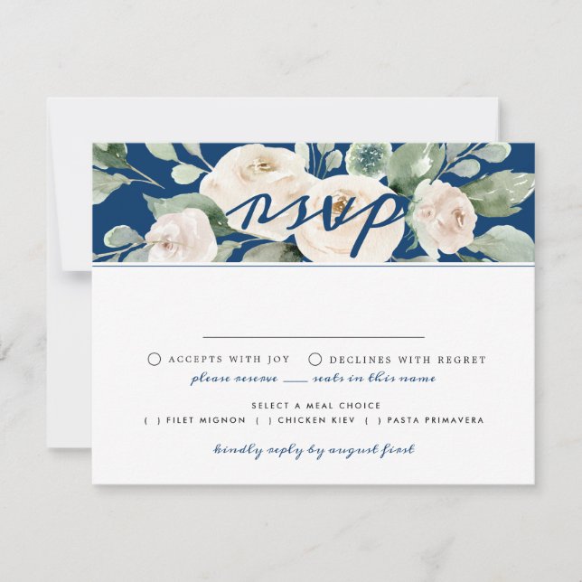 Tarjeta RSVP floral de rosa blanca con opción de c (Anverso)