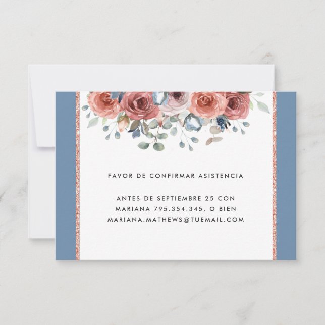 Tarjeta RSVP floral española, azul turco y Rubor (Anverso)